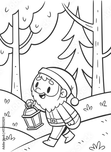 line art santa holding a lantern as he walks throu.eps