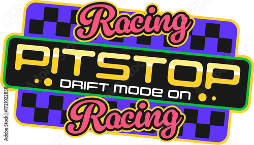 Automobile motor race motorsport Y2K retro sticker or tag. Rally grand prix vintage vector sticker, formula 1 competition tag. Drag race Y2K label with pitstop golden typography and checkered pattern