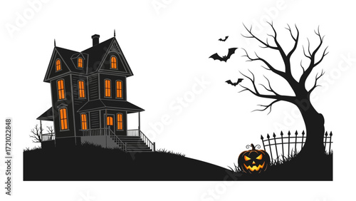Spooky Halloween Night: A spine-chilling silhouette of a haunted house under the eerie glow of Halloween, with bats soaring, a ghoulish jack-o'-lantern grinning mischievously near a bare tree.