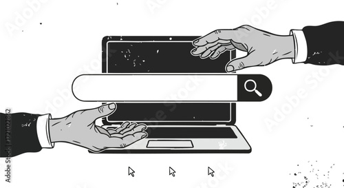 Two hands exchanging a search bar over a laptop, symbolizing online search and information exchange.