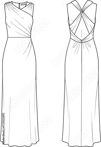 Long draped evening gown flat sketch, front and back view, sleeveless design, twisted back detail, fashion cad drawing, vector illustration