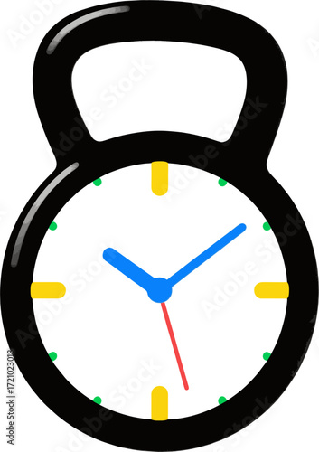 Minimalist Kettlebell Wall Clock Vector – Modern Fitness Timepiece with Colorful Hands and Markers