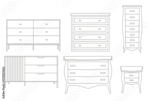 Bedroom dressers and chests of drawers, vector furniture collection