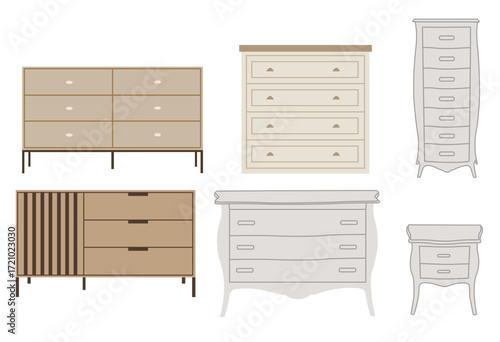 Bedroom dressers and chests of drawers, vector furniture collection