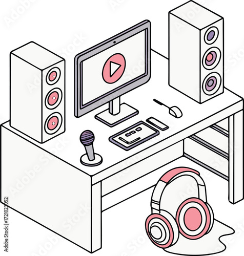 Isometric Music Studio Setup with Computer, Speakers, Microphone, and Headphones