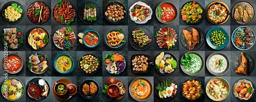 Photo collage of food on plates. Banner with a lot of images of dishes and snacks. On a black background. Top view. Wide horizontal image.