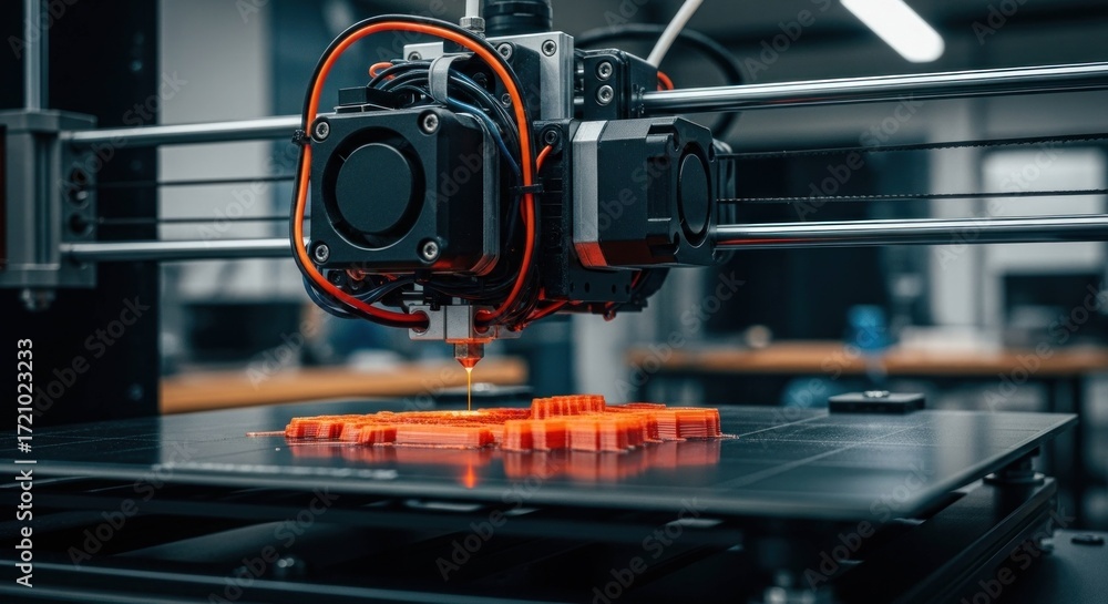 Obraz premium 3D printer head extrudes orange filament onto a platform