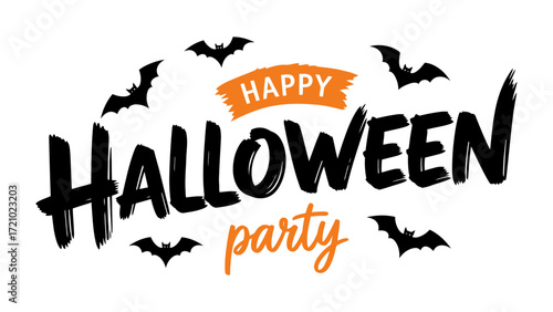 Spooky Halloween Text with Bat: A festive graphic composition announces a Happy Halloween party, featuring playful brushstrokes and shadowy bat silhouettes, setting a chilling and celebratory tone.