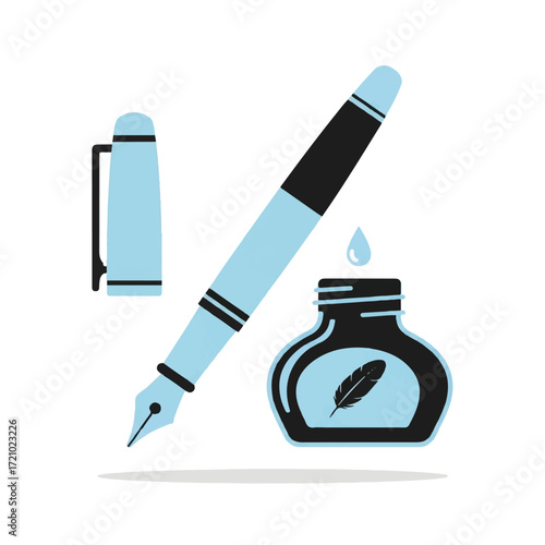 Graphic illustration of a fountain pen, inkwell with a feather, and pen cap on a white background with a minimalist style.