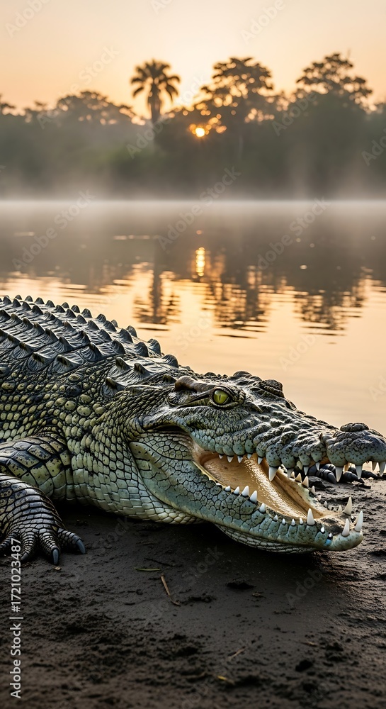 Fototapeta premium Crocodile Basking in Sunrise Riverbank.