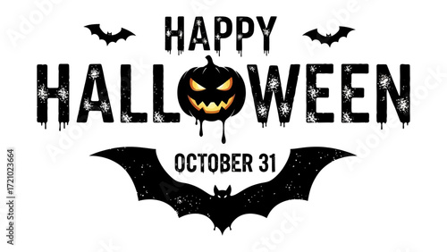 Happy Halloween: A spooky and festive graphic for the Halloween celebration featuring a grinning jack-o'-lantern and bats, perfect for conveying the eerie ambiance.