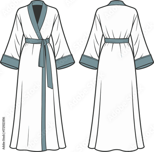 Long robe with wide contrast collar and cuffs, belted wrap design, fashion flat sketch, technical cad drawing, vector apparel illustration
