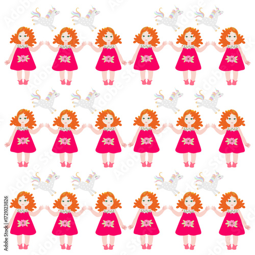 Girls and unicorns. Seamless pattern in vector. White background. Cute illustration. Print for children's fabric.