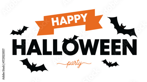 Happy Halloween: a festive illustration features elegant bats and a festive banner announcing a Halloween party in a simple, clean style. 
