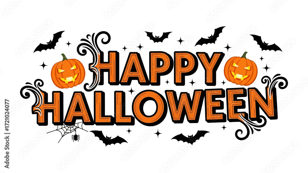 Fototapeta premium Happy Halloween greeting with bats and pumpkins: A festive Halloween design with smiling pumpkins, bats, and ornate lettering in a playful, lighthearted style.