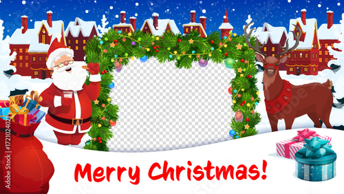Christmas photo frame, Merry holiday vector template with cartoon Santa Claus, reindeer, gifts and Xmas tree branches, snow and lights. Christmas characters in holiday town photo frame background