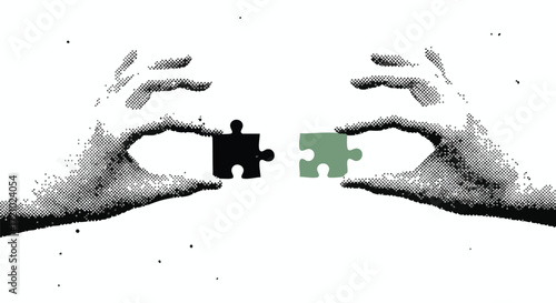 Two hands holding puzzle pieces, one black and one green, about to connect them.