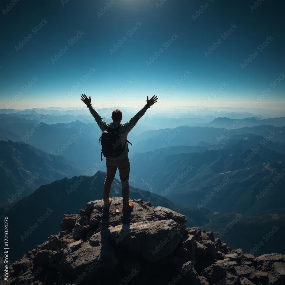 Fototapeta premium Triumph on the Summit: A solitary figure, arms outstretched, stands atop a majestic mountain peak, embracing the vast panorama of rolling mountain ranges and boundless blue sky.