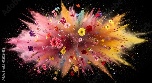 Colorful flowers exploding in powder