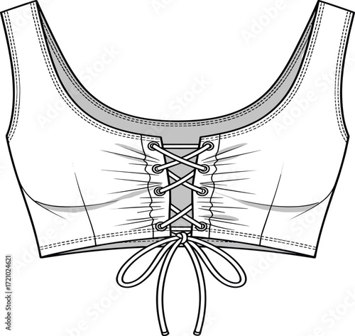 Lace-up front crop top technical fashion flat, stylish vector apparel design, sleeveless women garment, perfect for CAD drawing showcase