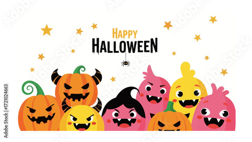 Festive Halloween Illustration: A collection of quirky, cartoonish Halloween characters. A fun illustration perfect for the spooky season.