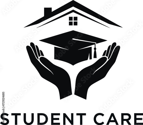 Hands cradle graduation cap under protective roof, symbolizing student support and education.