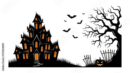 Spooky Halloween Scene: A spooky halloween scene unfolds, a haunted house looms against the night sky, surrounded by ominous bats and a gnarled tree.