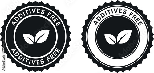 Two circular seals indicating 'Additives Free' with a leaf icon, symbolizing natural and healthy products.