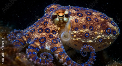 An Underwater Close-up of a Blue-Ringed Octopus