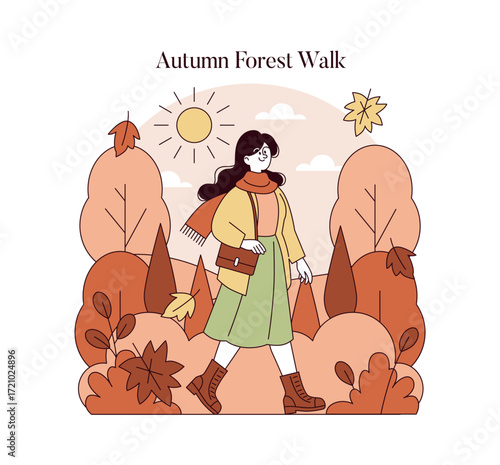 Woman Enjoying Autumn Forest Walk Vector Illustration