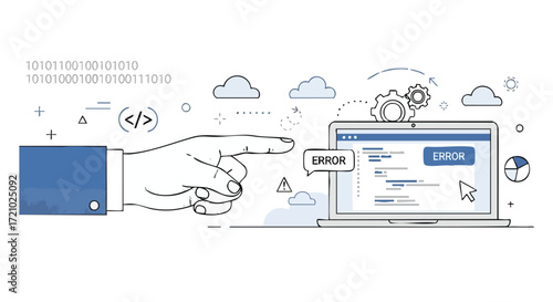 A hand pointing at a laptop screen displaying an error message, symbolizing debugging and software issues.