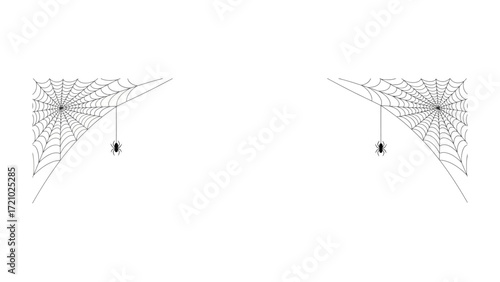 Spiderweb's art: Two spiderwebs with attached spider on both side corner evoke eerie mood. A minimalistic, spooky, and scary artistic, perfect for Halloween themed designs.