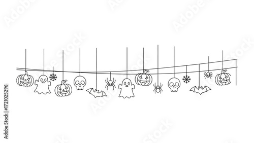 Spooky Garland: A playful sketch of a Halloween garland, stringed with charmingly illustrated symbols of the season, offering a touch of whimsy and seasonal joy.