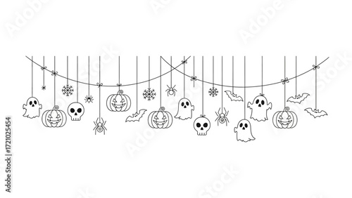 Halloween Garland Silhouette: A spooky collection of Halloween-themed silhouettes, including pumpkins, ghosts, bats, spiders, and skulls, suspended in a festive garland-style display. 