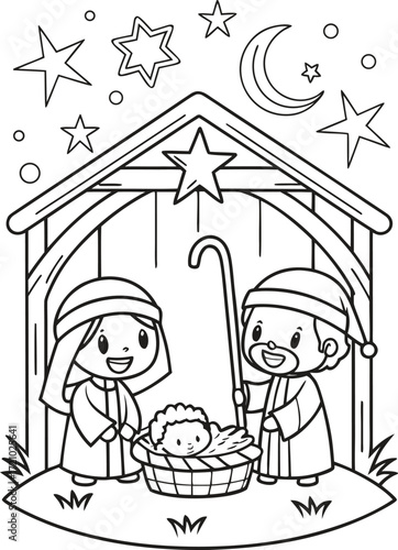 line art shepherds visiting baby jesus in the stab.eps