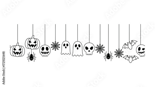 Spooky Hanging Decorations: An array of spooky Halloween decorations, including grinning pumpkins, ghostly apparitions, and skull, spider and bats, suspended in mid-air.