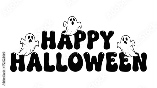 Happy Halloween: Playful ghost accompany the iconic holiday phrase against a festive background. Perfect for evoking the eerie atmosphere and celebrate the spooky season.