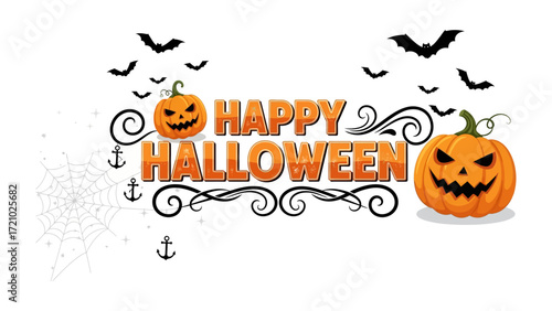 Happy Halloween Illustration: A festive Happy Halloween greeting features the essence of the spooky season with grinning pumpkin, spider web, and spooky bat.