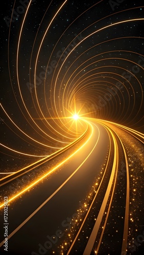 Futuristic Golden Light Tunnel With Glowing Lines Speed Motion Effect Abstract Energy Sci Fi Background