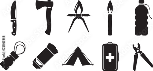 Camping and Survival Gear Icons Including Knife Axe Tent and First Aid Kit equipment tool