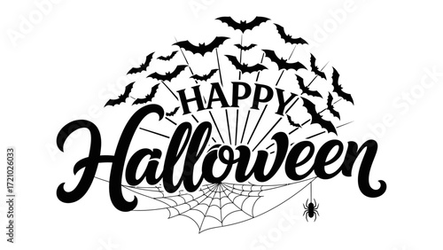 Happy Halloween Illustration: An artistic and spooky Happy Halloween illustration, featuring the iconic Halloween elements of bats, spider web, and spider.