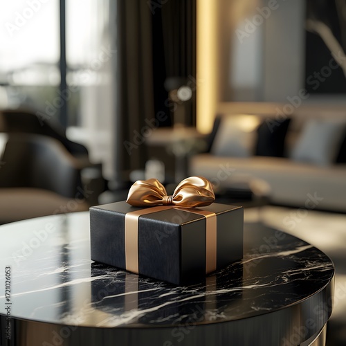 Elegant black gift box with golden ribbon in luxurious living room