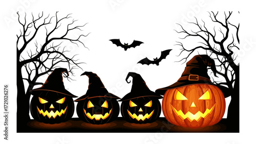 Spooky Jack-o'-Lantern Spectacle: A captivating tableau of illuminated jack-o'-lanterns, each carved with a unique, expressive face, adorned with witch's hat.