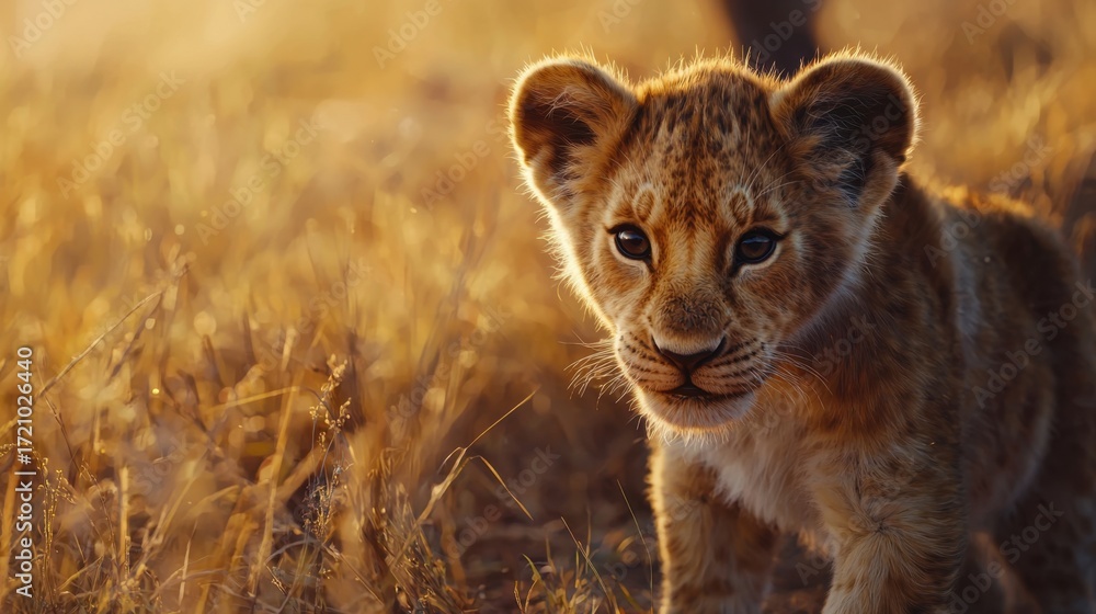 Obraz premium Curious lion cub exploring the golden savanna during sunset with a backdrop of tall grass and warm light enhancing its playful demeanor