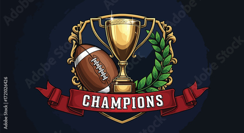 Golden trophy illustration with football and laurel wreath symbolizing championship victory, celebration, sports achievement, and modern award design