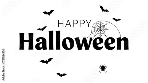Halloween Celebration: Spooky typography with bats and spiderweb, evokes a sense of spooky atmosphere for Halloween.