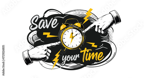 Urgent call to action: grasp opportunity and save your valuable time with dynamic alarm clock graphic