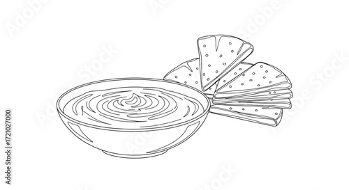 Line drawing of hummus bowl with pita bread illustration, minimal sketch symbolizing Mediterranean cuisine, healthy food, and cultural authenticity
