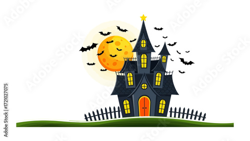 Spooky Night: A bewitching Halloween illustration featuring a haunted castle silhouetted against a vibrant full moon, with bats in flight, creating a scene of spectral charm. 