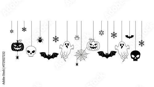 Spooky Halloween Decorations: A delightful array of hanging decorations, showcasing iconic symbols like jack-o'-lanterns, grinning skulls, playful ghosts, and fluttering bats.